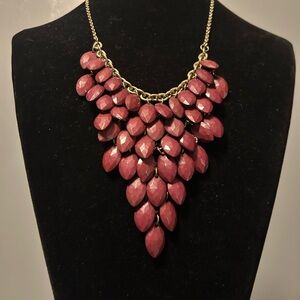 Maroon Statement Bib Necklace Gold Tone Faceted Marquise Bead Tiered Bohemian